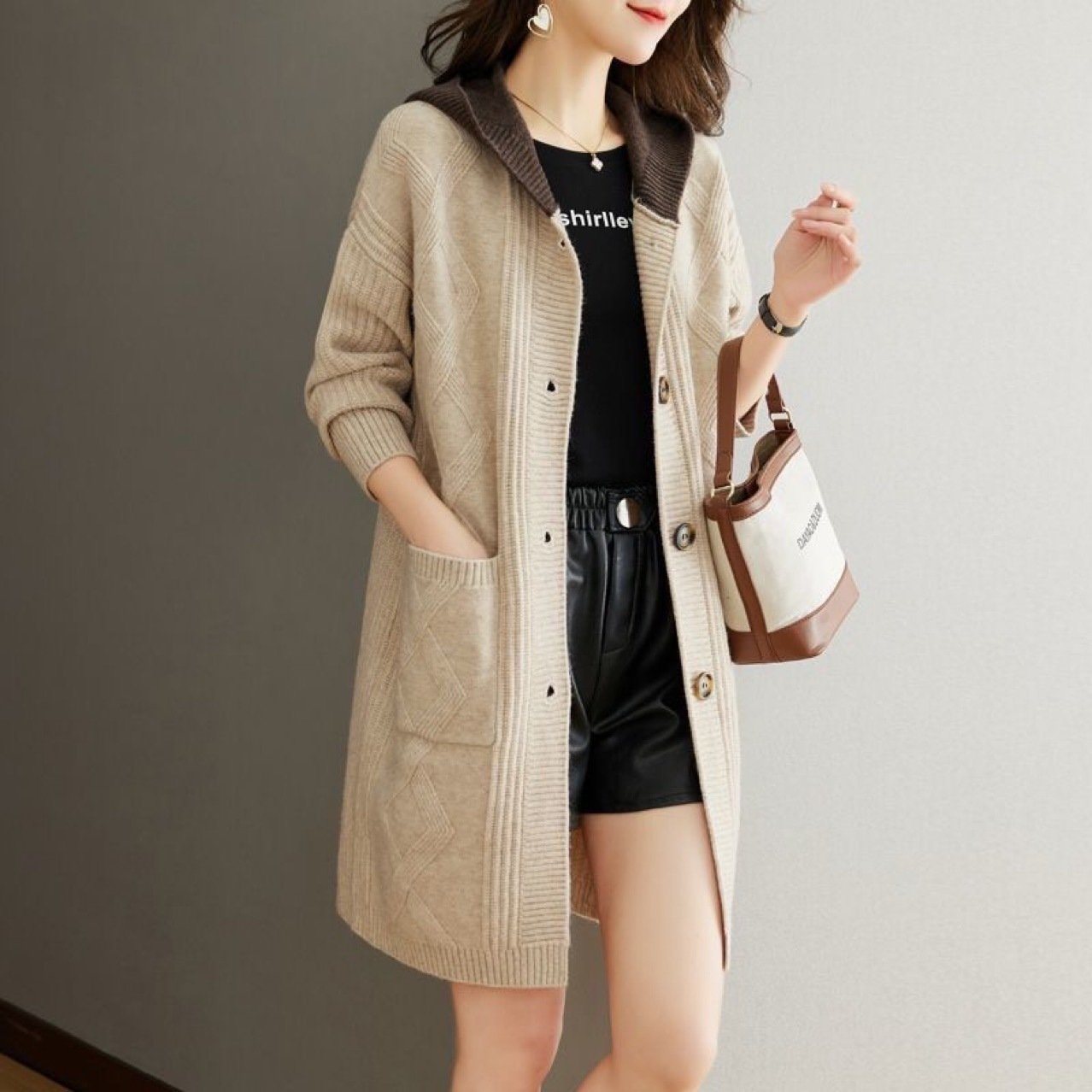 Fall Winter Hooded Mid-length Knitted Sweater Women's Coat - Image 4