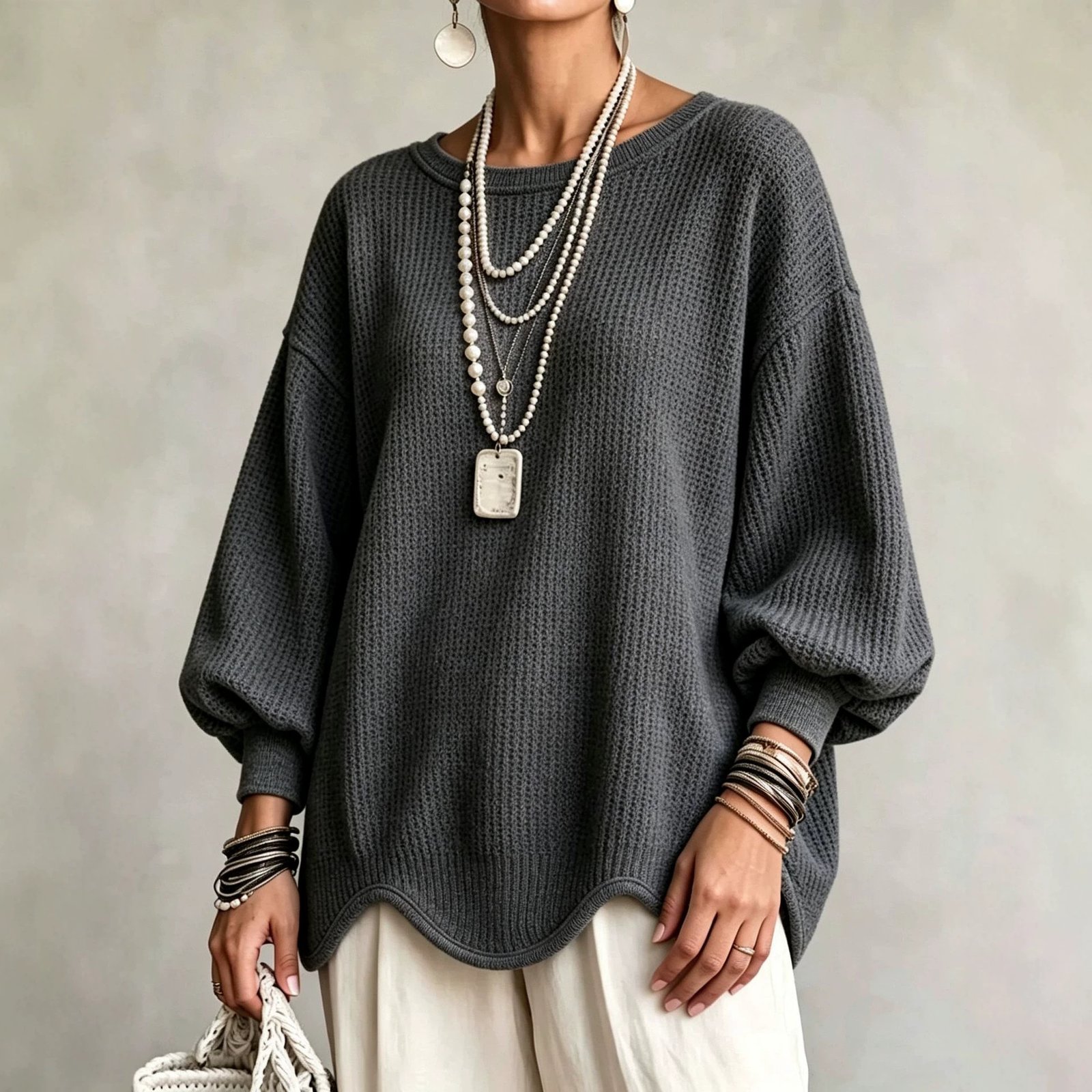 Women's Autumn Round-Neck Lantern-Sleeve Top With Irregular Wavy Hem - Image 2