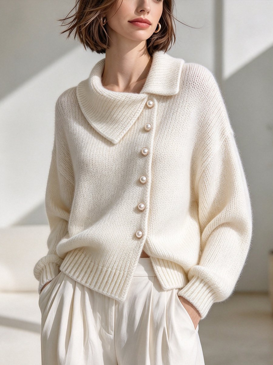 Cardigan Asymmetric Wide Collar Pearl Buckle Knitted Sweater - Image 6