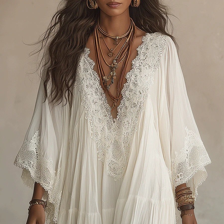 Summer Elegant Solid Dresses Womens Casual Lace Trim V Neck Flowy Maxi Dress Beach Holiday Party Maxi Dresses - Image 6