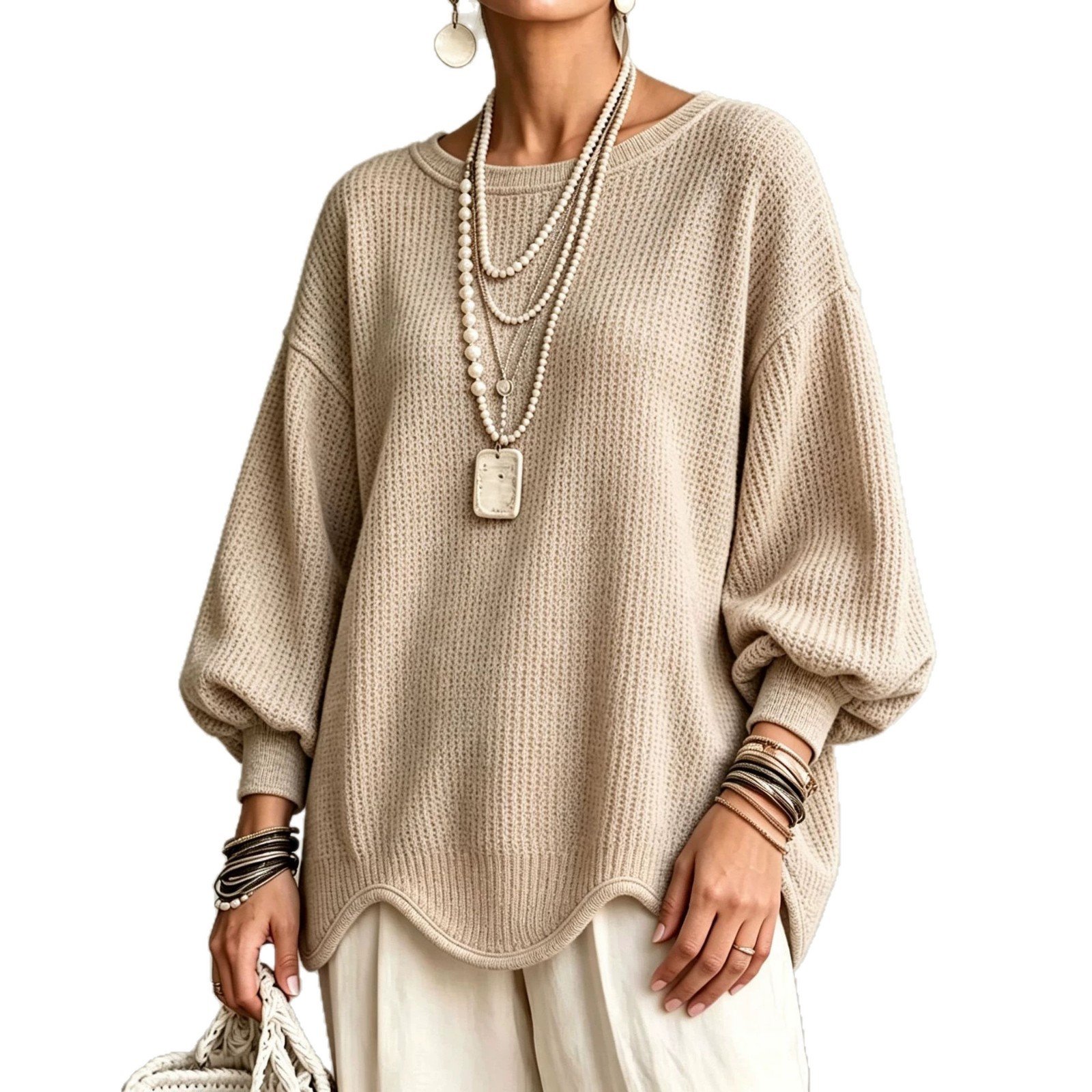 Women's Autumn Round-Neck Lantern-Sleeve Top With Irregular Wavy Hem - Image 5