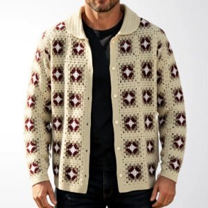 Hollow-out Plaid Long-sleeve Sweater Coat