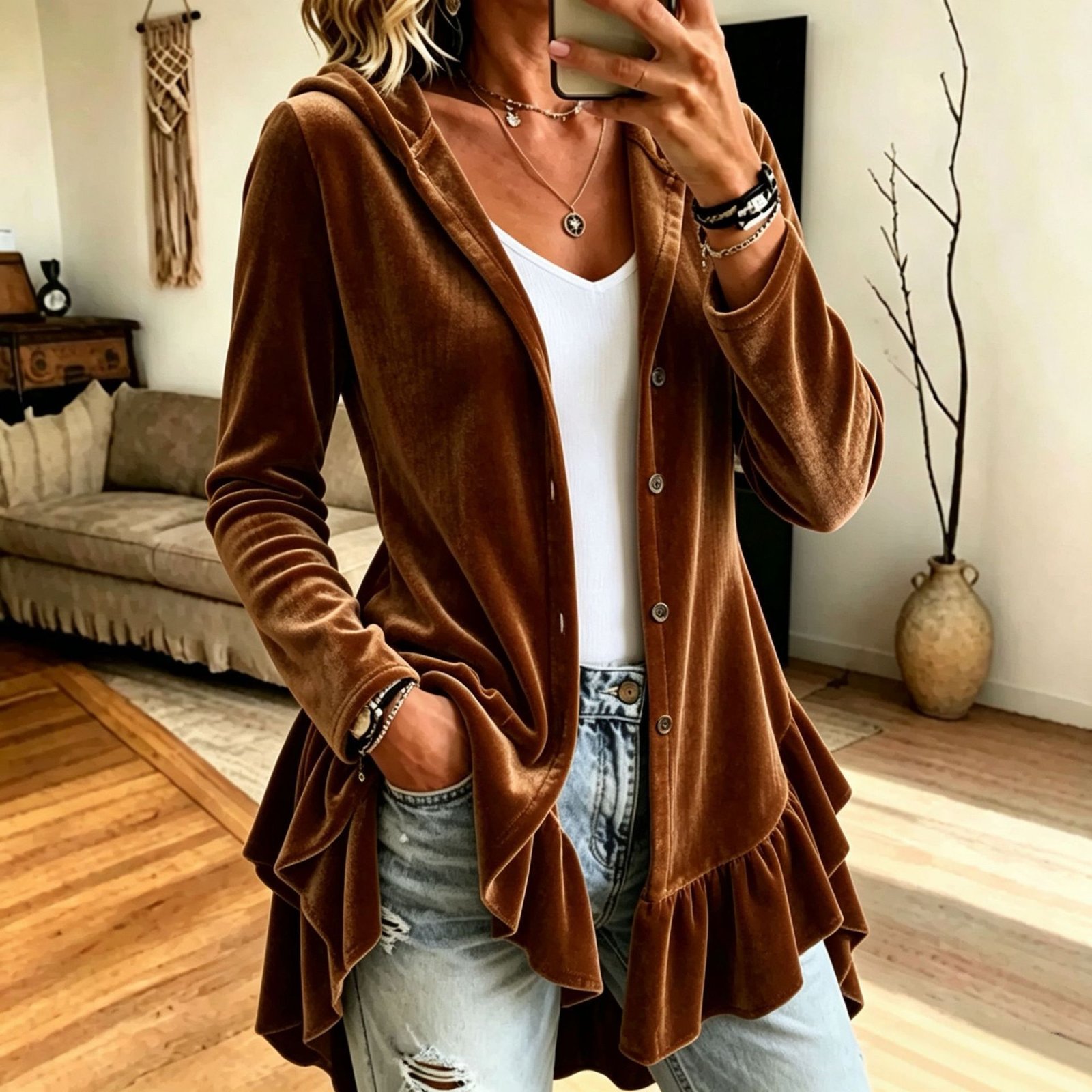 New Fallwinter Womens Hooded Solid-color Long-sleeve Loose-fit Button-front Cardigan - Image 2
