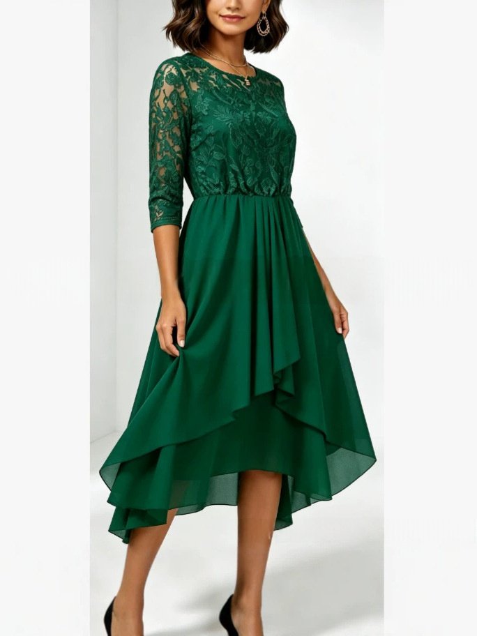 Three-quarter Sleeve Chiffon Irregular Hem Dress - Image 6