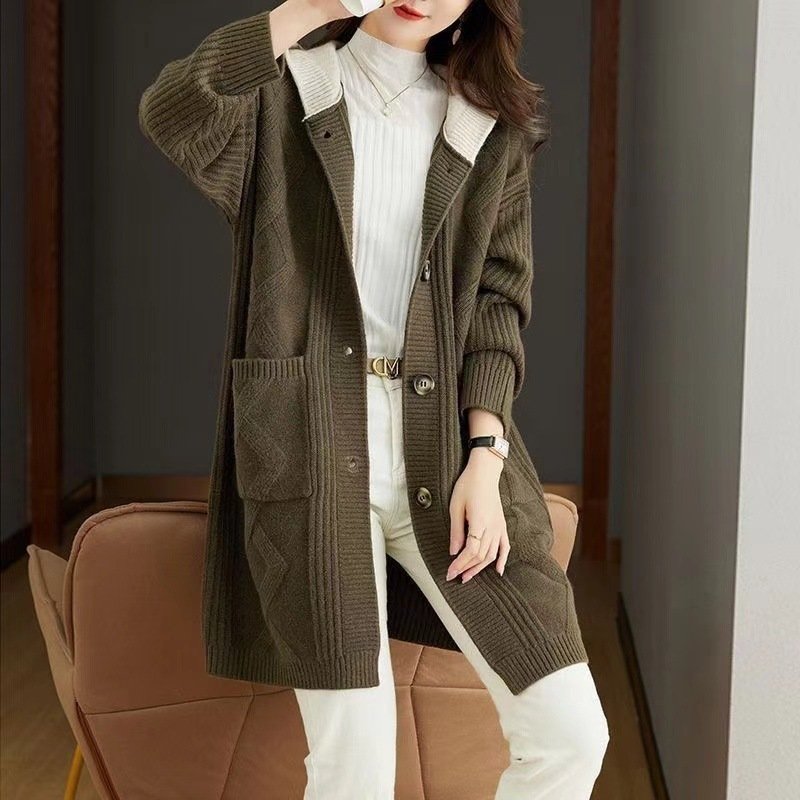 Fall Winter Hooded Mid-length Knitted Sweater Women's Coat - Image 8