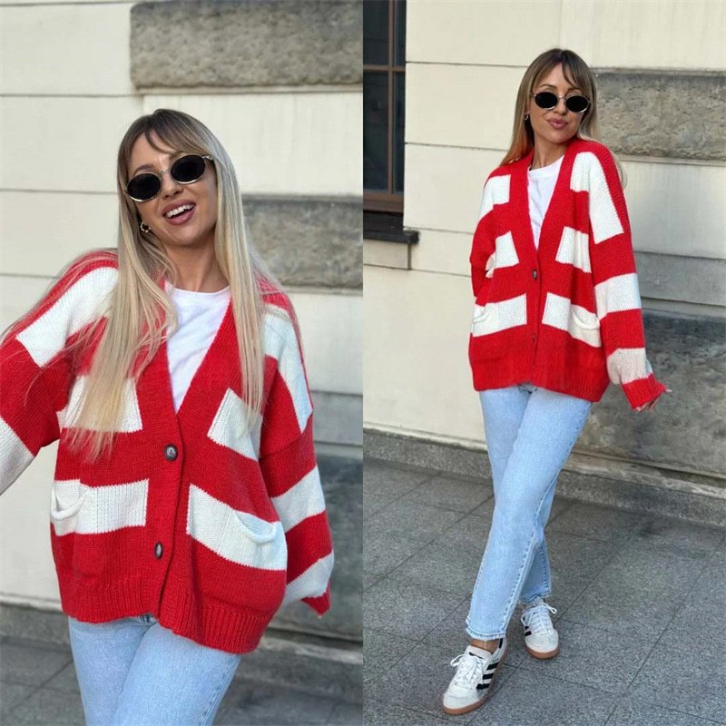 Autumn And Winter New Casual V-neck Long Sleeve Striped Sweater Coat - Image 3