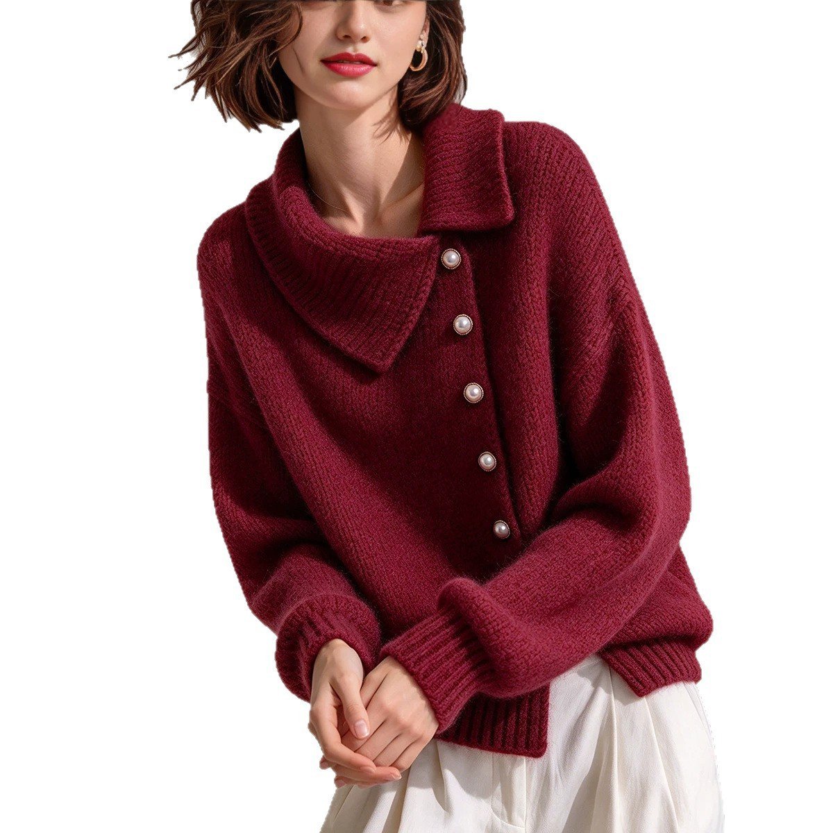 Cardigan Asymmetric Wide Collar Pearl Buckle Knitted Sweater - Image 5