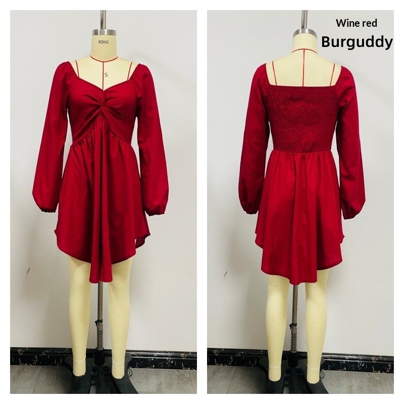 Women's Solid Color And V-neck Chest Twisted Long Sleeve Waist Dress - Image 10