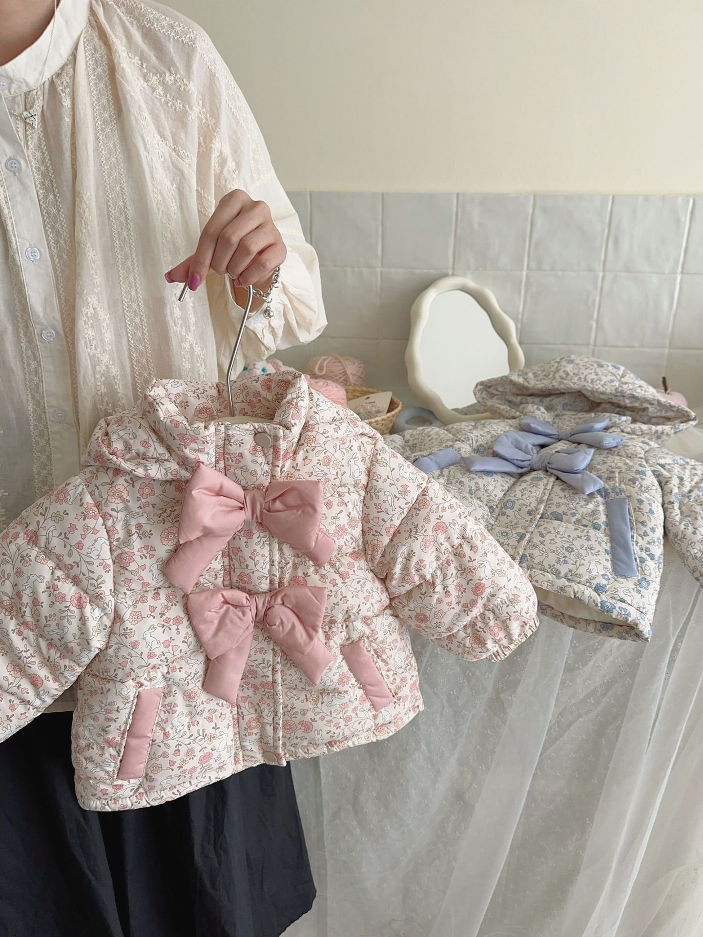 Winter Fashion Baby Floral Print Winter Bow Hooded Jacket - Image 7