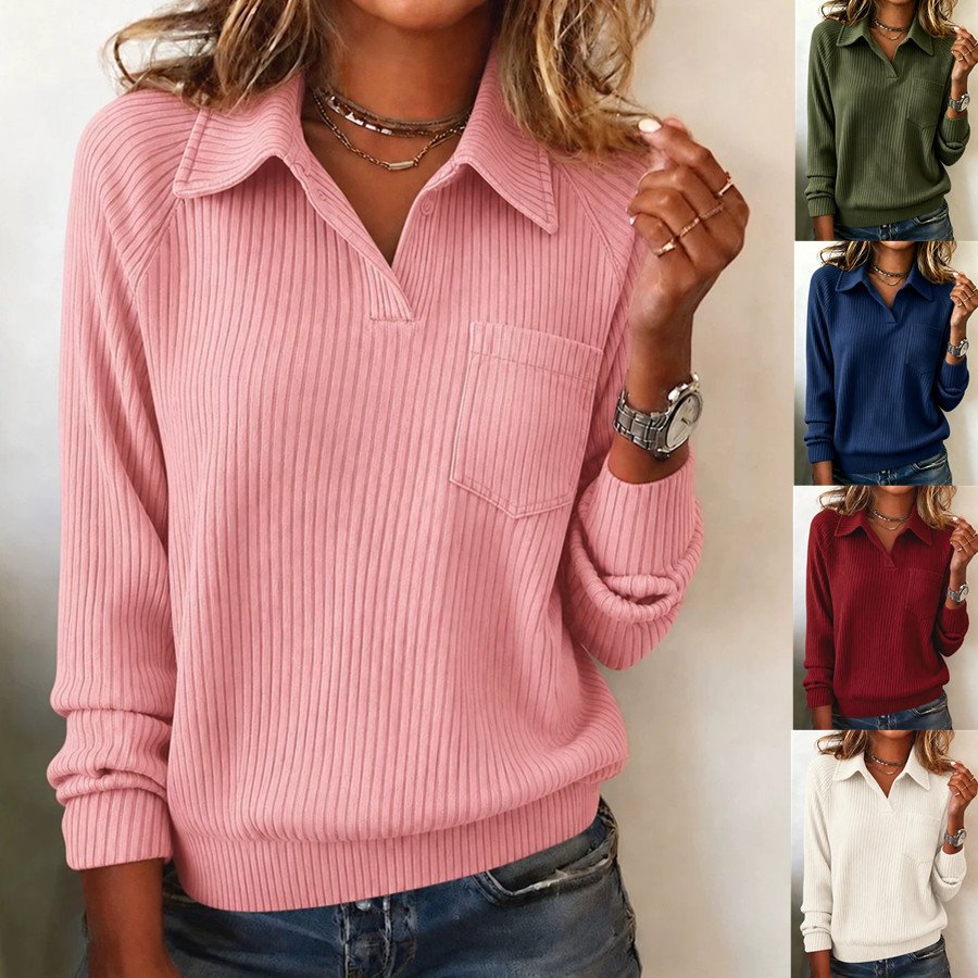 Women's Lapel V-neck Pocket Long Sleeve Loose Top