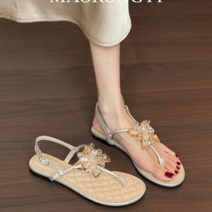 Women's Crystal Petal FairyStyle Vacation Thong Flat Sandals, Summer SlipOn Sandals For Evening Party
