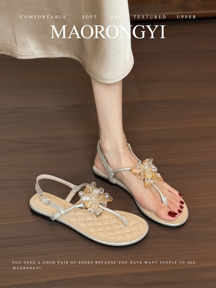 Women's Crystal Petal FairyStyle Vacation Thong Flat Sandals, Summer SlipOn Sandals For Evening Party