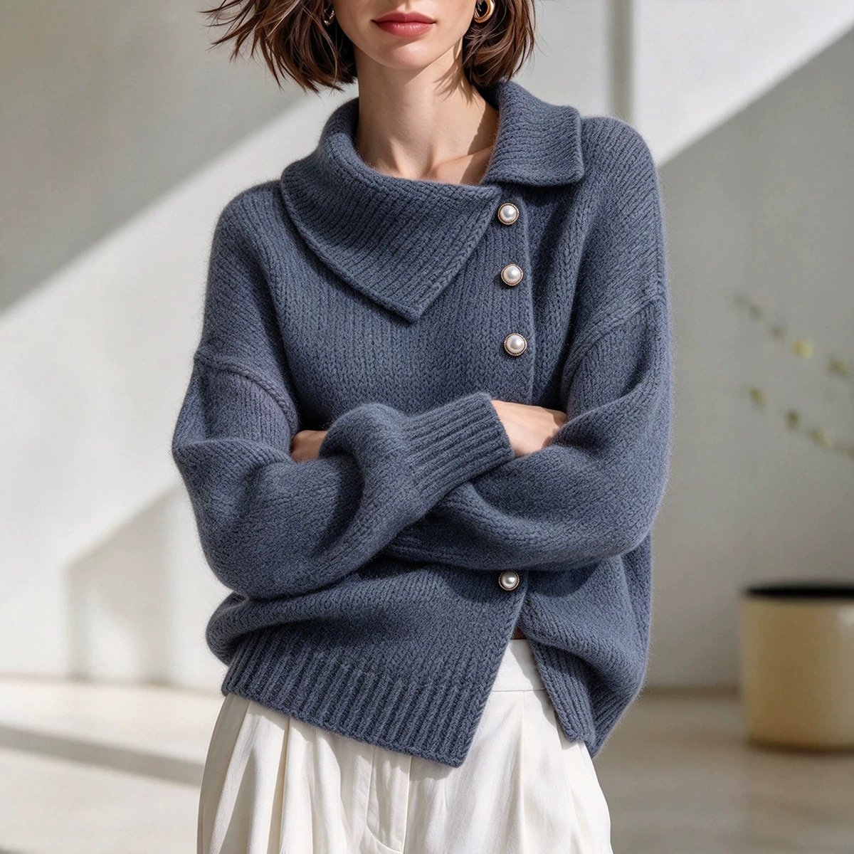 Cardigan Asymmetric Wide Collar Pearl Buckle Knitted Sweater - Image 4