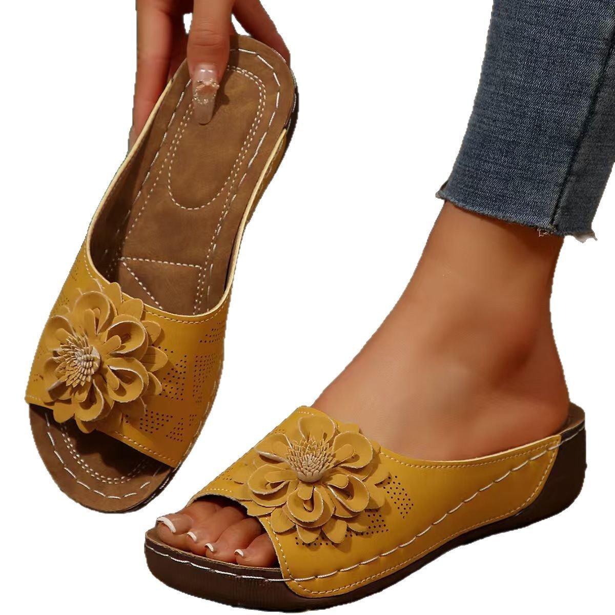 Flower Wedges Sandals Summer Fashion Retro Hollow Sandals Holiday Beach Shoes For Women - Image 5