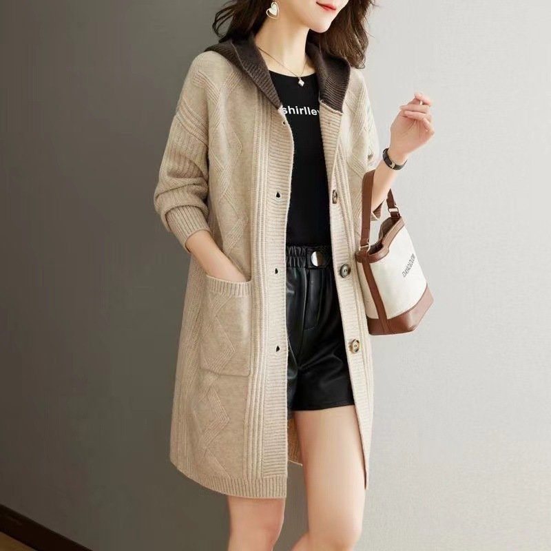 Fall Winter Hooded Mid-length Knitted Sweater Women's Coat - Image 6