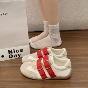 Women's Red German Trainer Shoes Autumn New Arrival Double Buckle Strap Casual Sports Slip On Shoes Versatile Thick Sole