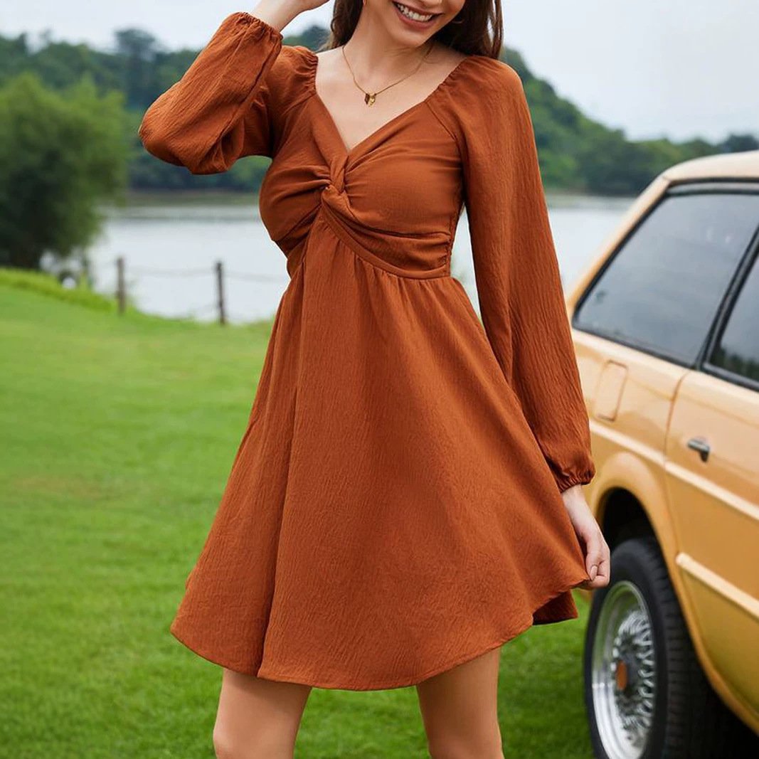 Women's Solid Color And V-neck Chest Twisted Long Sleeve Waist Dress - Image 3