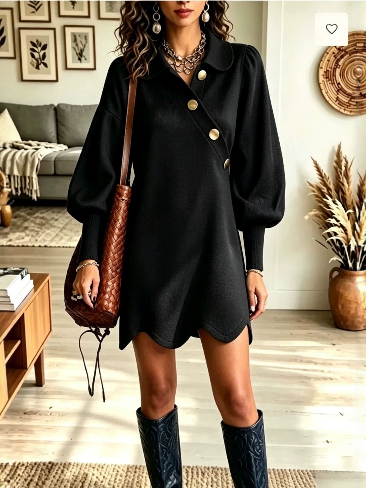 Womens Lantern-Sleeve Lapel Dress With Diagonal Button Placket And Wavy Hem - Image 5