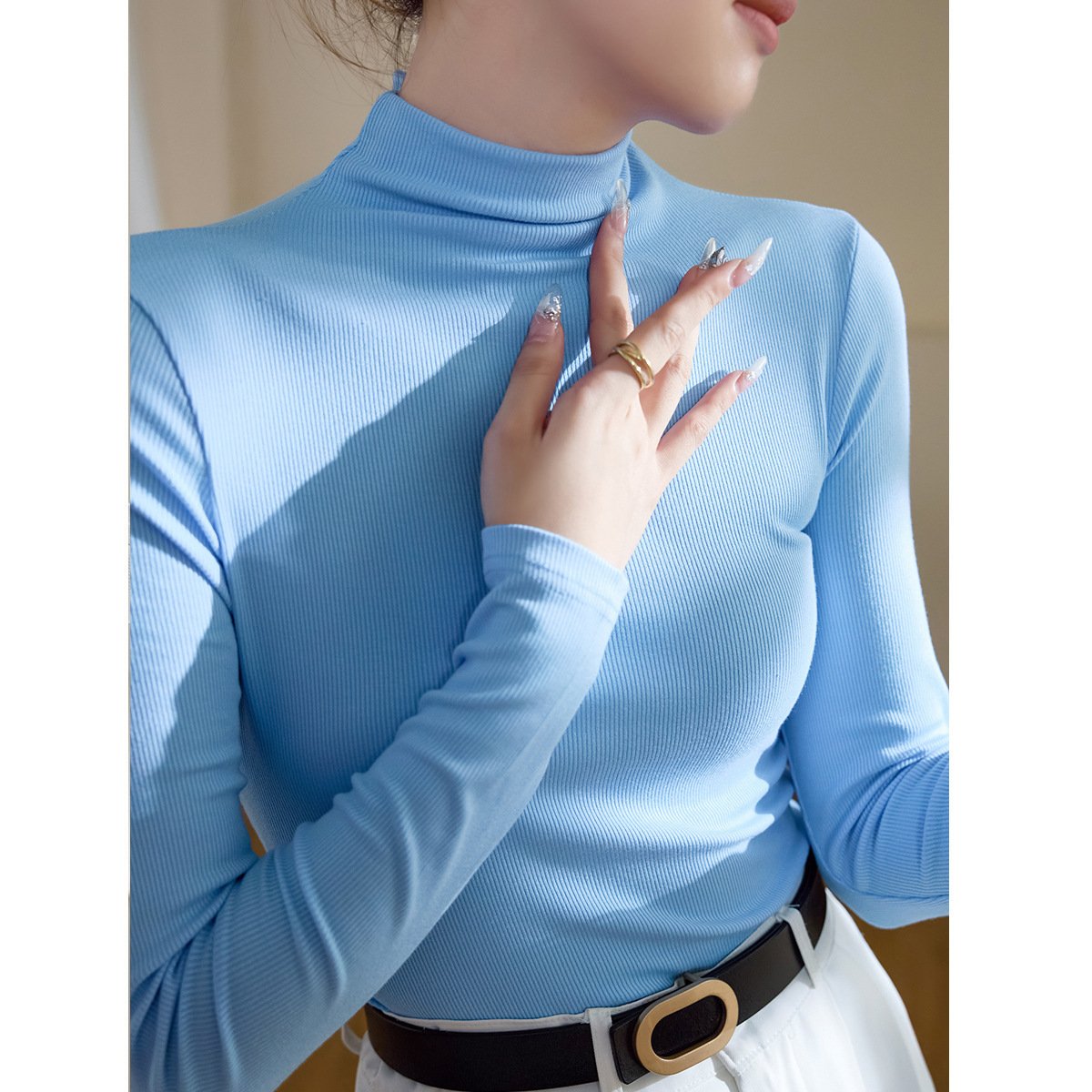 High-elasticity Cotton Mock-neck Base Layer Women's Long-sleeve T-shirt - Image 6