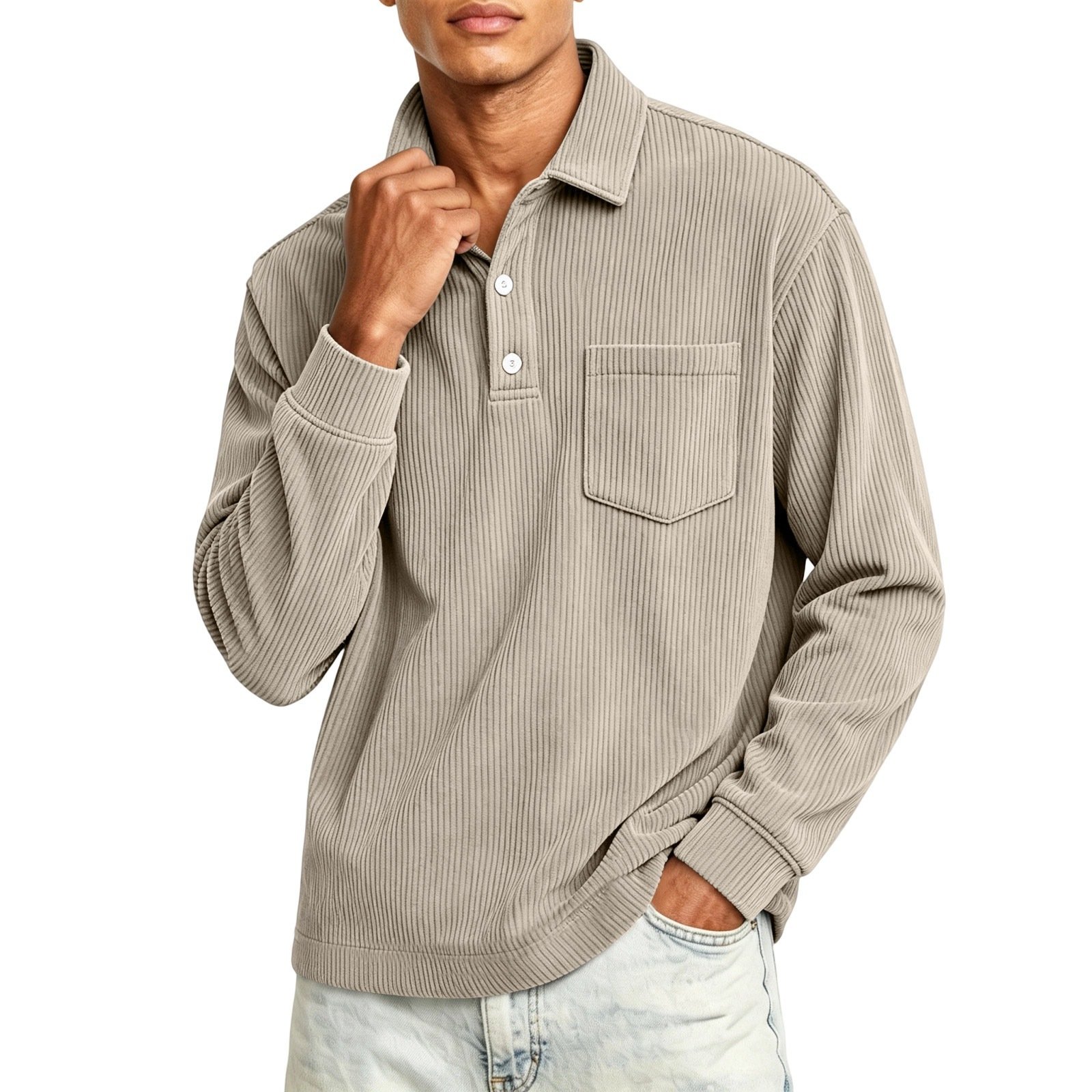 Men's Corduroy Solid-Color Striped Lapel Shirt - Image 2