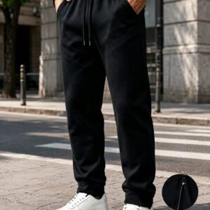 250g Men Solid Sweatpants With Drawstring & Zipper Leg Cuffs, Casual Sports Pants