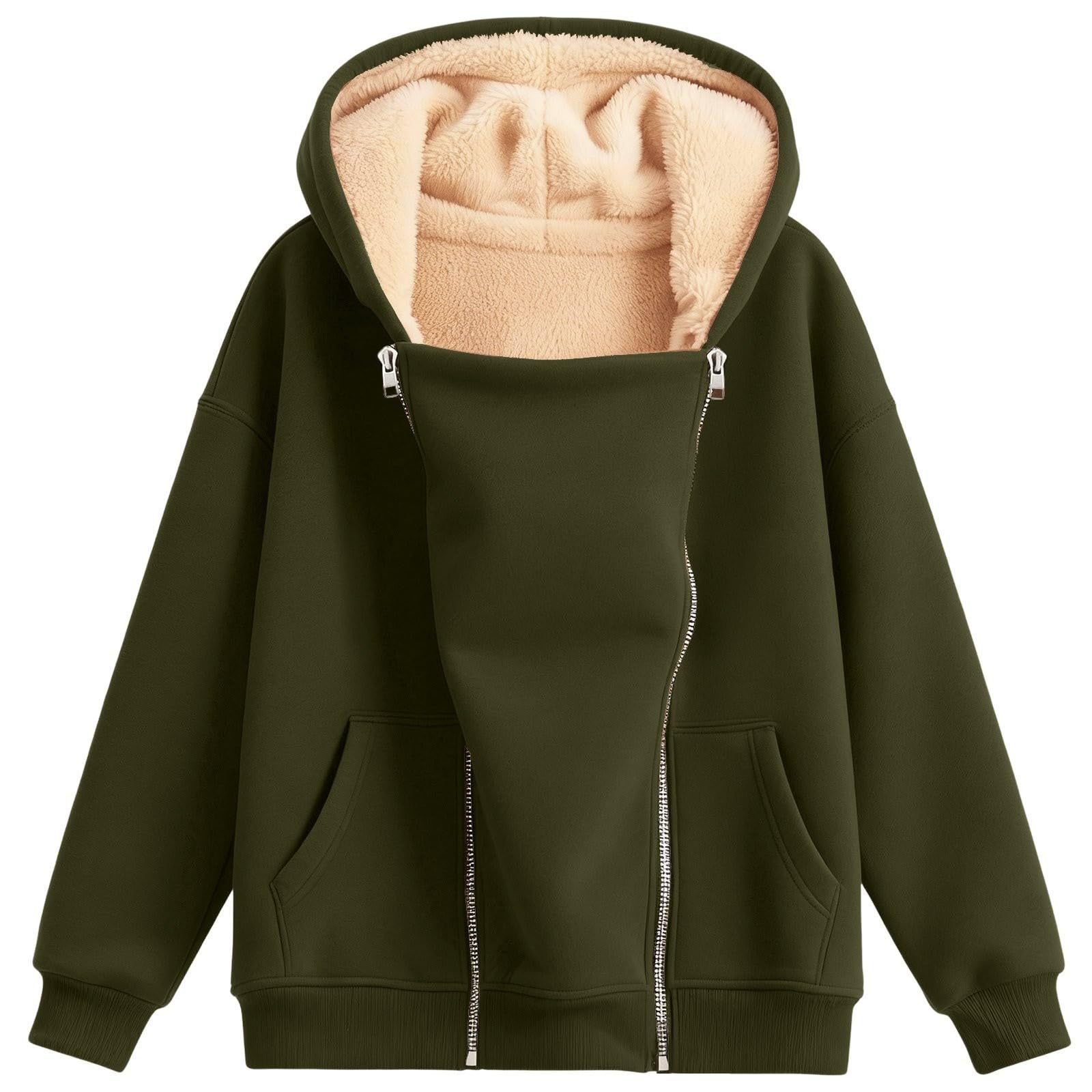 Solid-color Hooded Long-sleeve Zip-up Hoodie With Pockets Extra-thick Fabric - Image 10