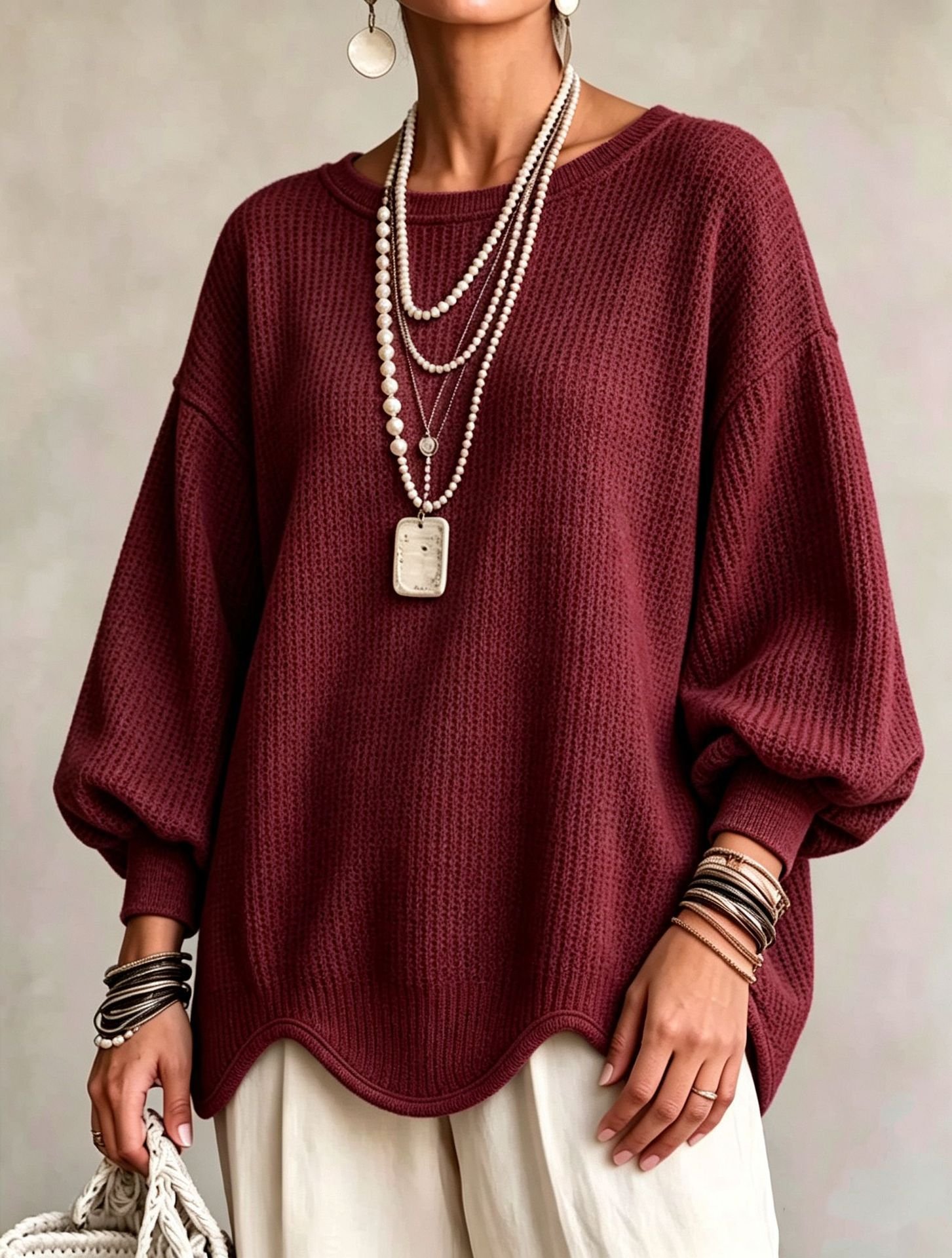 Women's Autumn Round-Neck Lantern-Sleeve Top With Irregular Wavy Hem - Image 10