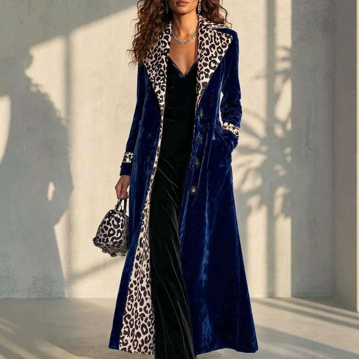 Retro Leopard-print Color-block Lapel Single-breasted Long-sleeve Trench Coat - Image 4