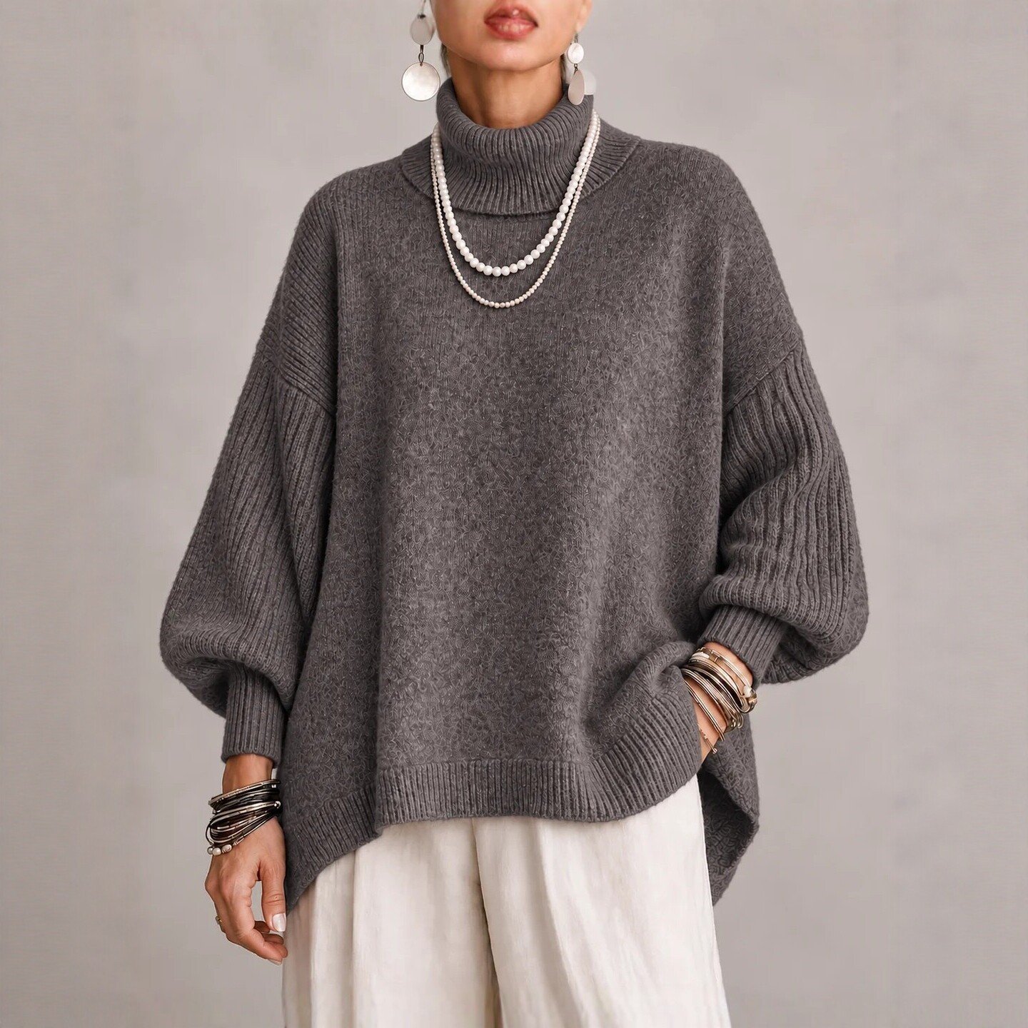 Women's Turtleneck Knitted Pullover Sweater With Lantern Sleeves