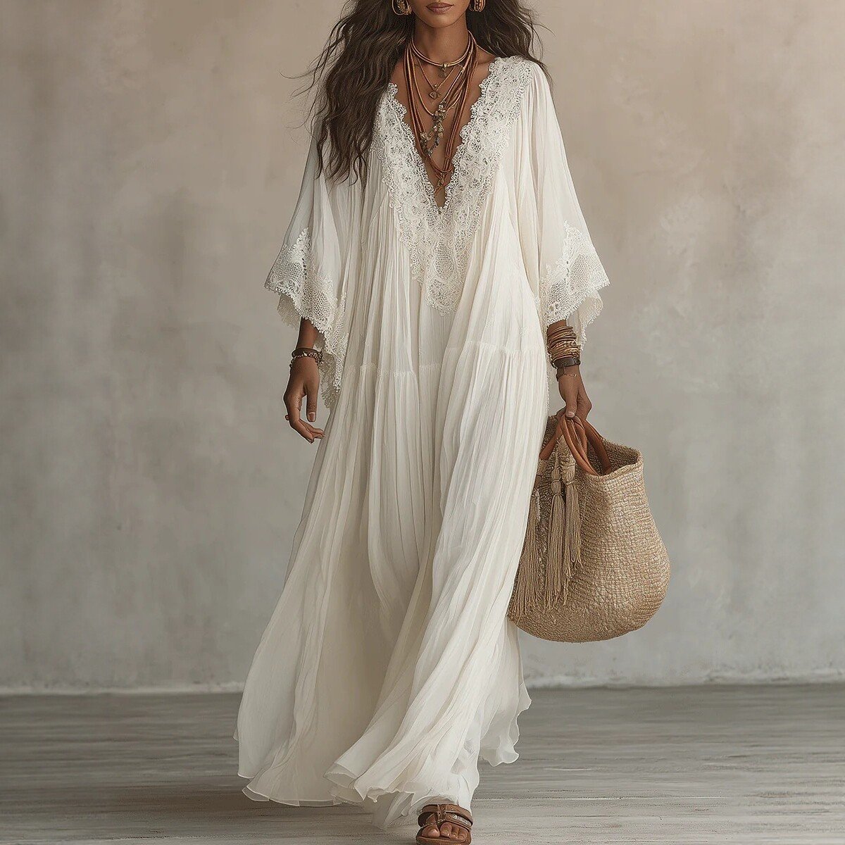 Summer Elegant Solid Dresses Womens Casual Lace Trim V Neck Flowy Maxi Dress Beach Holiday Party Maxi Dresses - Image 2