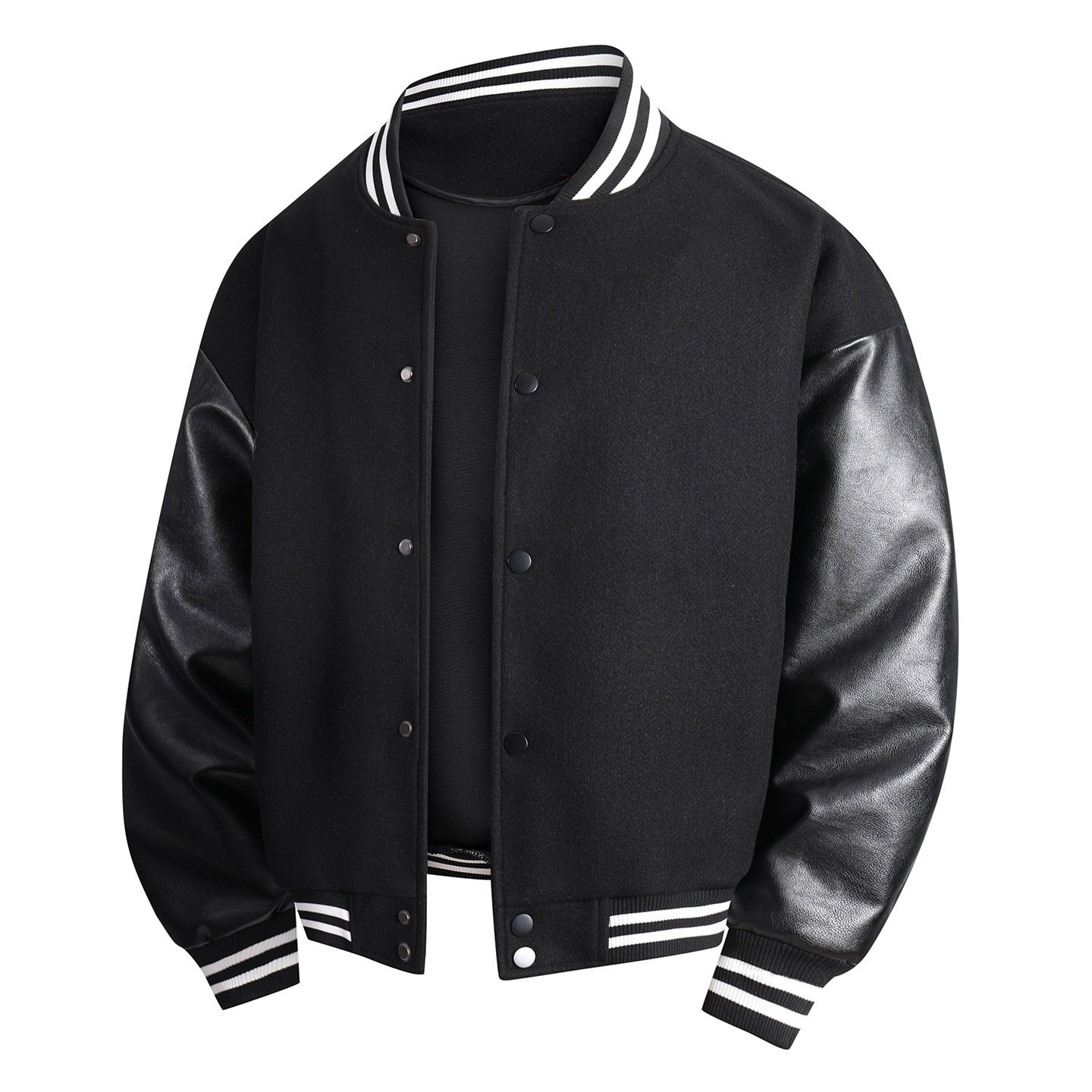 Springautumn New Wool-blend Jacket With PU Leather Sleeves - Image 4
