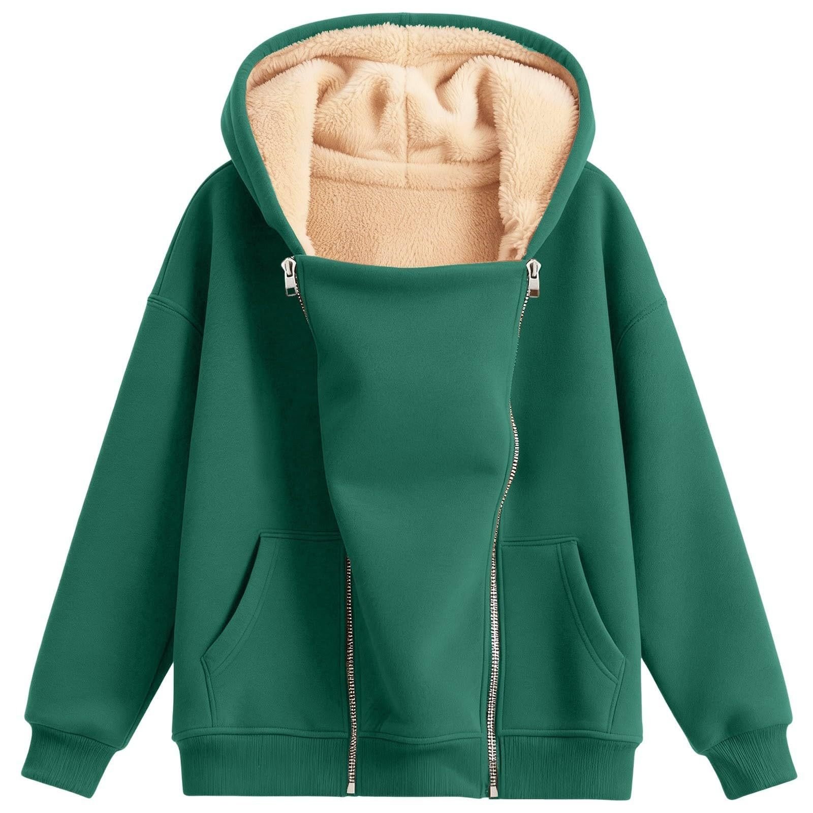 Solid-color Hooded Long-sleeve Zip-up Hoodie With Pockets Extra-thick Fabric - Image 8