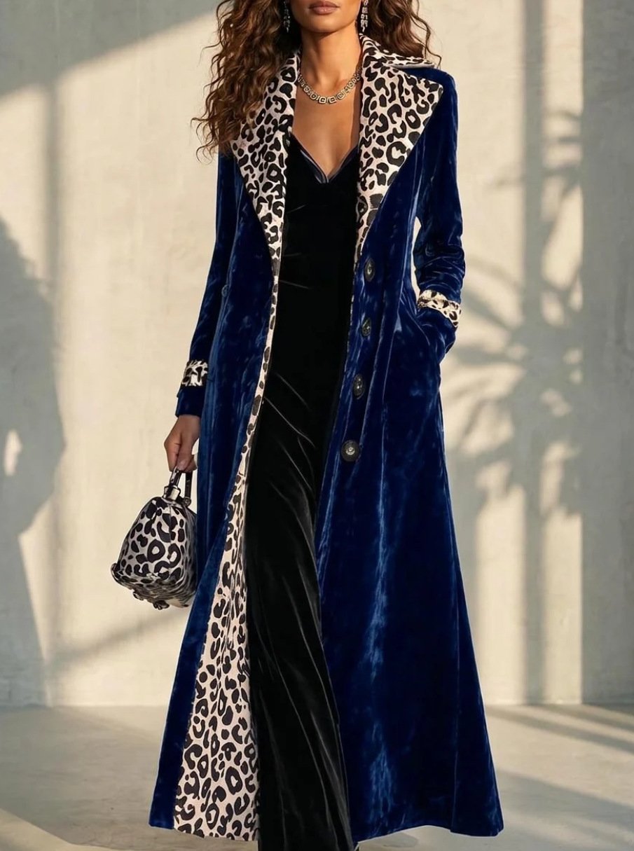 Retro Leopard-print Color-block Lapel Single-breasted Long-sleeve Trench Coat - Image 9