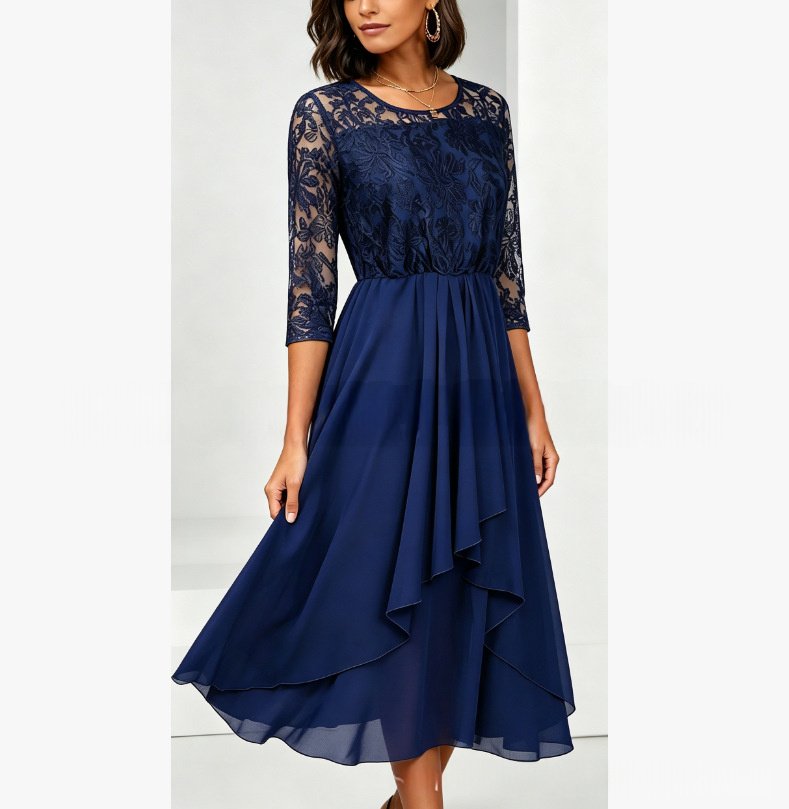 Three-quarter Sleeve Chiffon Irregular Hem Dress - Image 9