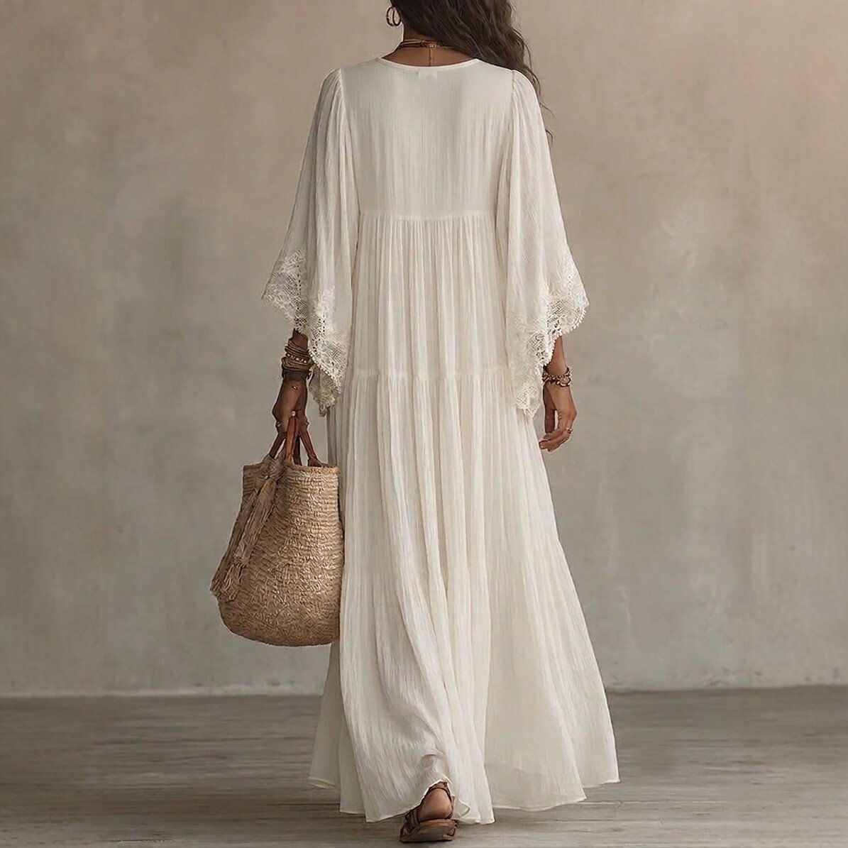 Summer Elegant Solid Dresses Womens Casual Lace Trim V Neck Flowy Maxi Dress Beach Holiday Party Maxi Dresses - Image 3