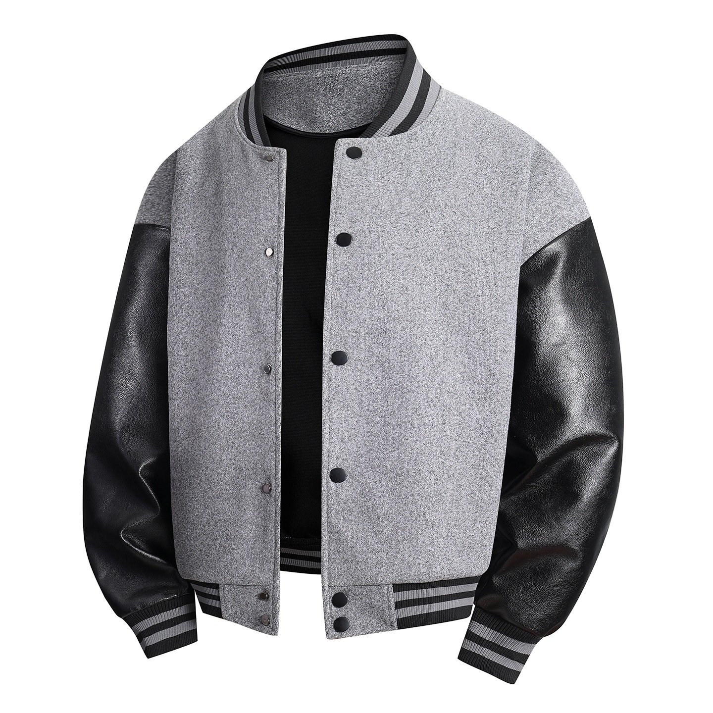 Springautumn New Wool-blend Jacket With PU Leather Sleeves