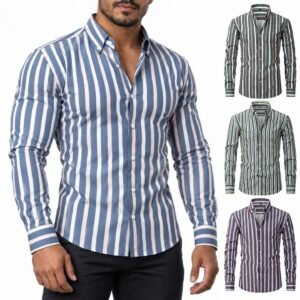 Jana Cross-border Striped Men's Long-Sleeve Shirt, Stretch Wrinkle-Free Business Casual Men's Shirt, Fashion Plus Size Men's Shirt