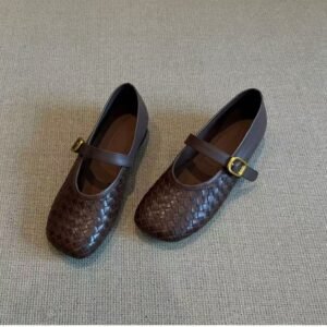 French Woven Shallow Mouth Mary Jane Small Leather Shoes For Women's Singles, Soft Leather With A Single Line Retro Soft Sole And Flat Bottom, Versatile For One Foot Pedaling