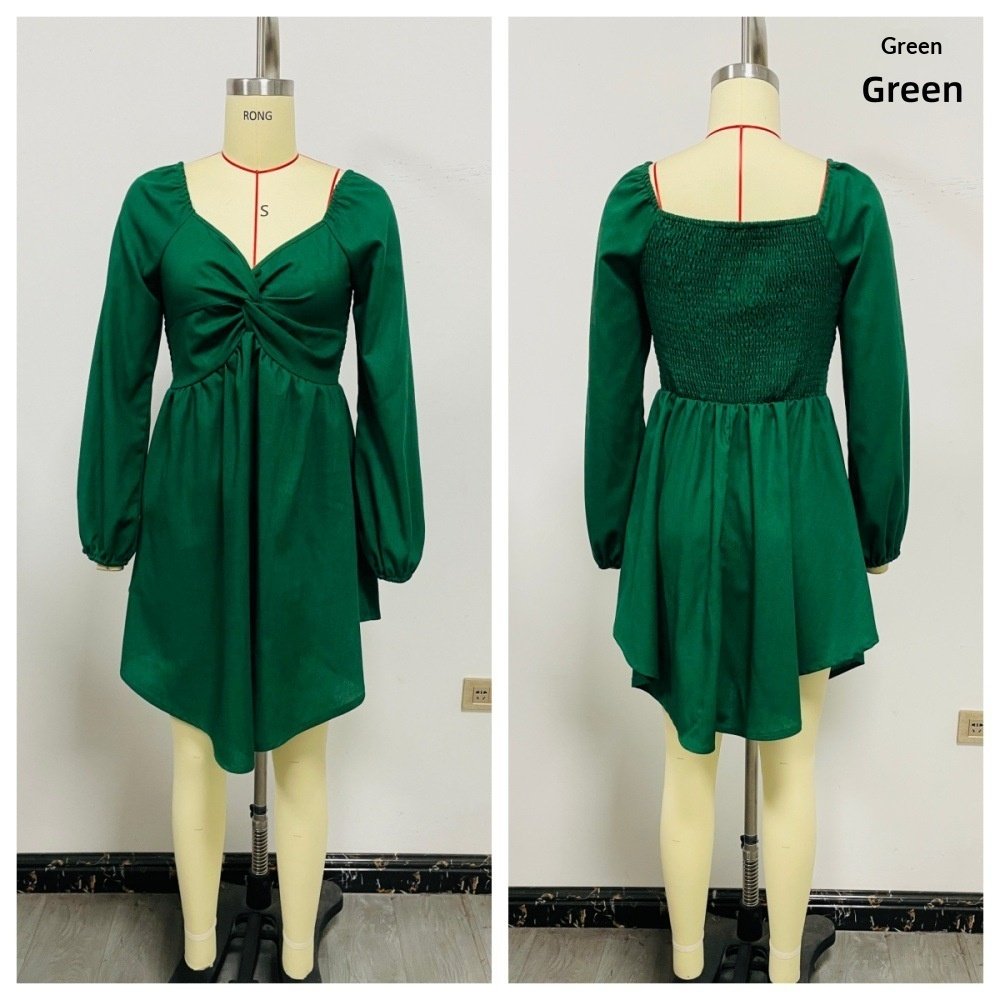 Women's Solid Color And V-neck Chest Twisted Long Sleeve Waist Dress - Image 8
