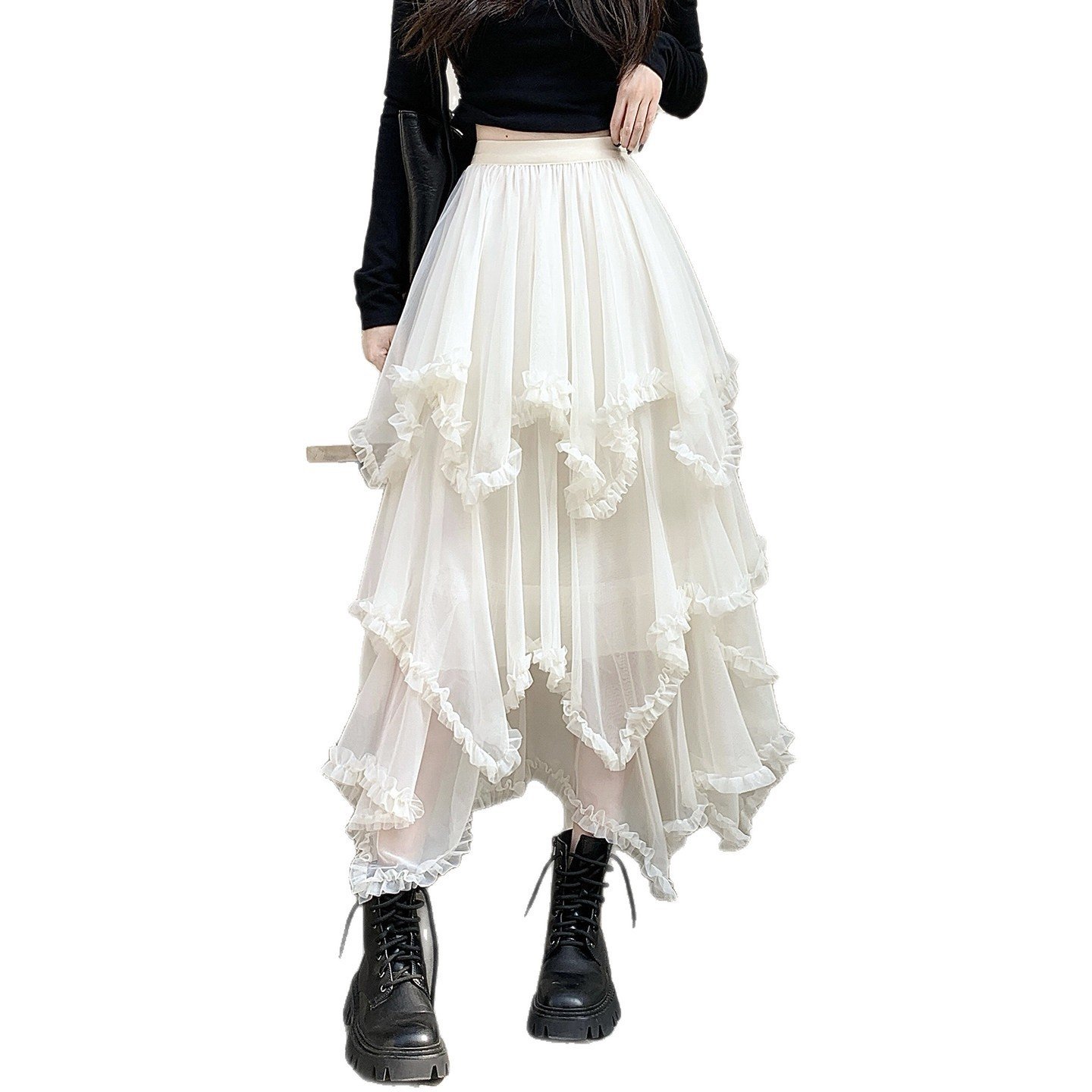 Elegant Solid-color Versatile High-waisted Figure-flattering Asymmetrical Mesh Skirt - Image 6
