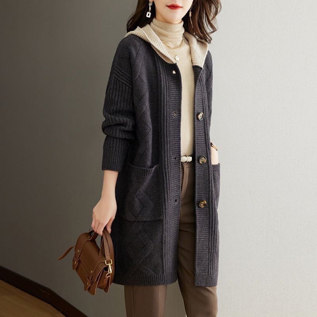 Fall Winter Hooded Mid-length Knitted Sweater Women's Coat