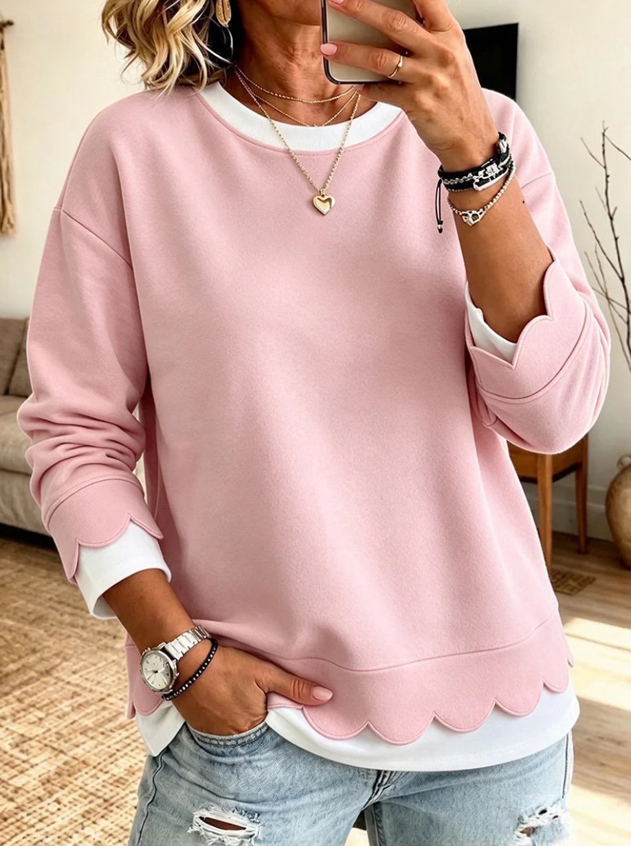 Women's Loose-fit Round-neck Casual Top With Wavy Lace Trim - Image 8