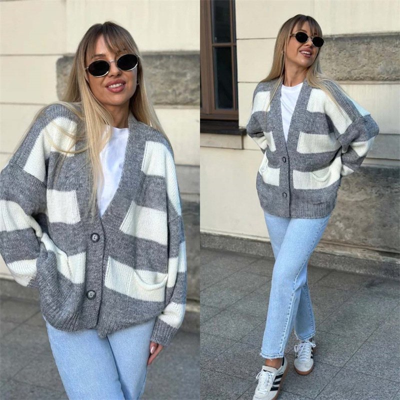 Autumn And Winter New Casual V-neck Long Sleeve Striped Sweater Coat