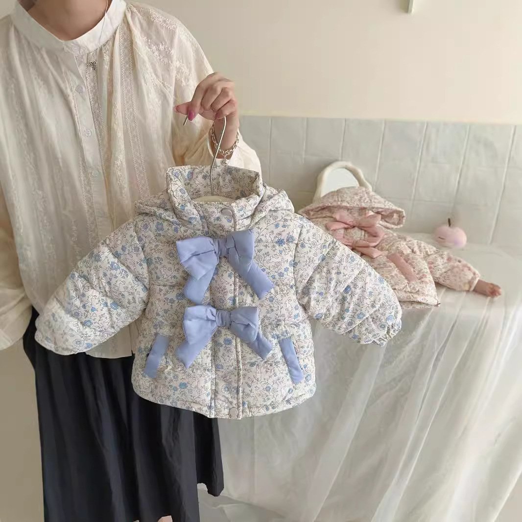 Winter Fashion Baby Floral Print Winter Bow Hooded Jacket - Image 4