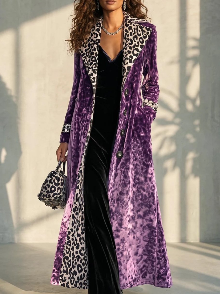 Retro Leopard-print Color-block Lapel Single-breasted Long-sleeve Trench Coat - Image 6