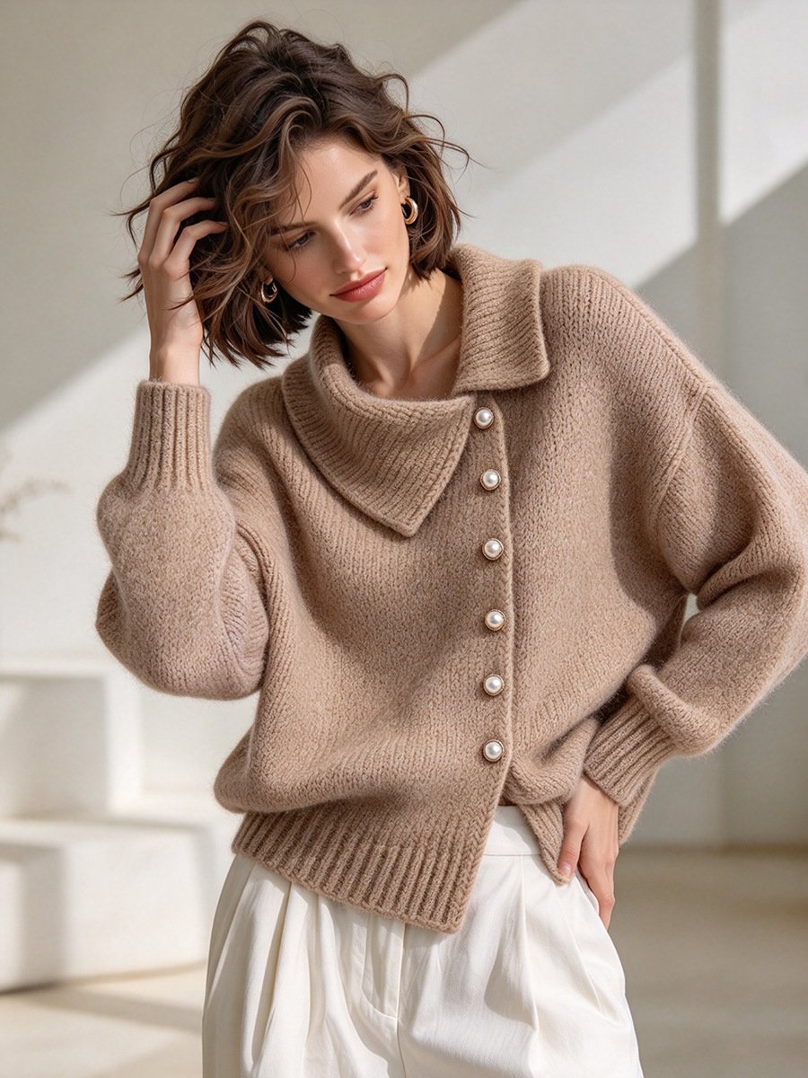 Cardigan Asymmetric Wide Collar Pearl Buckle Knitted Sweater - Image 10